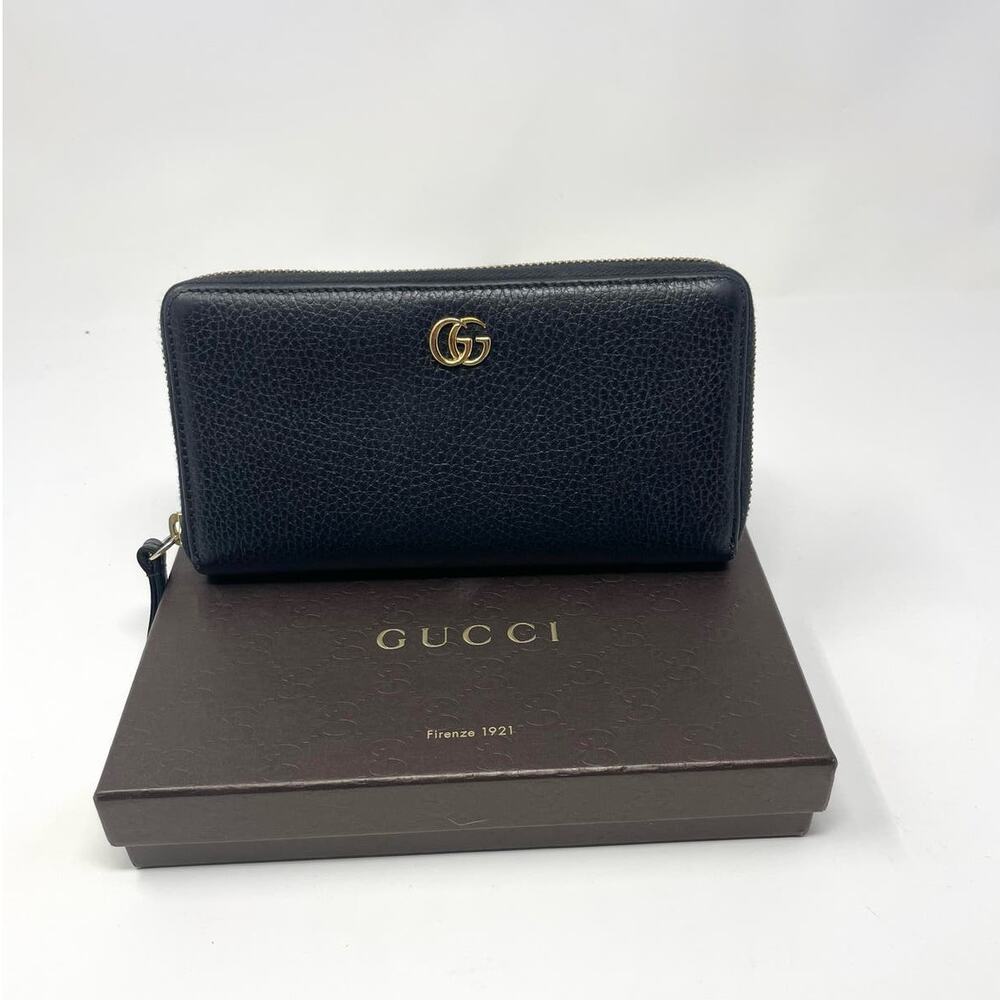 Gucci Marmont GG Zip Around Long Leather Zippy Wallet Black Gold